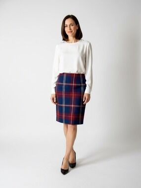 Tommy Hilfiger Plaid Blue Red Pencil Midi Skirt Size 4 Preppy Career